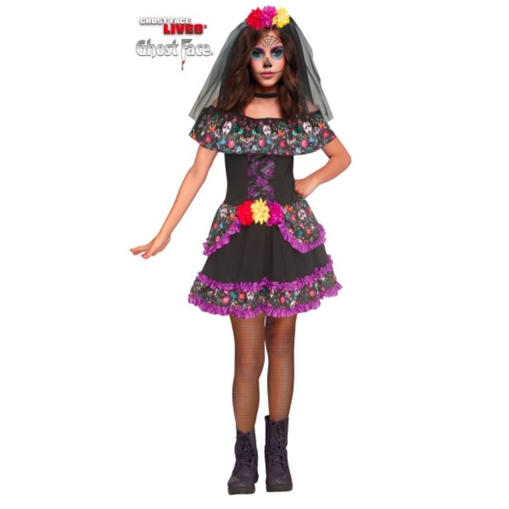 Girls Ghost Face SUGAR SKULL Day Of The Dead Halloween Costume Size Med Lar NWT